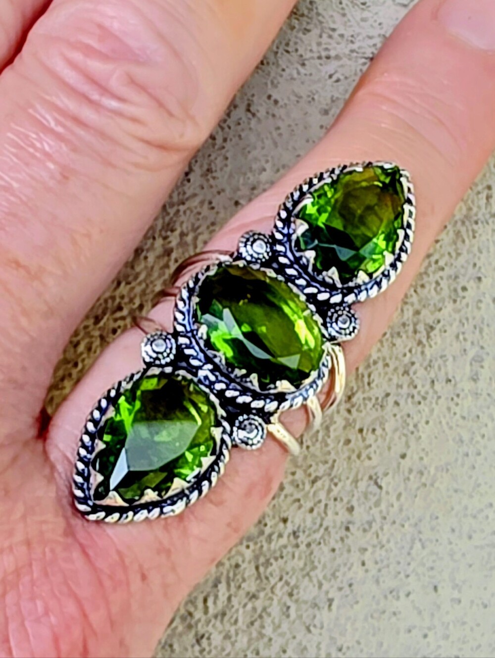 Triple Peridot Gemstone Ring in 925 Sterling Silver (Size 9)
